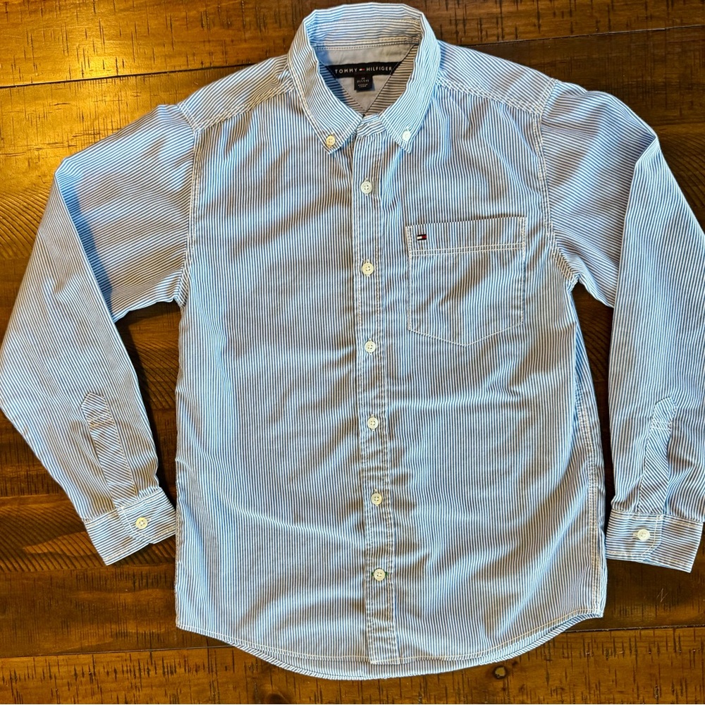 Tommy Hilfiger White and Blue Striped Shirt | Preppy Spring Concert Easter